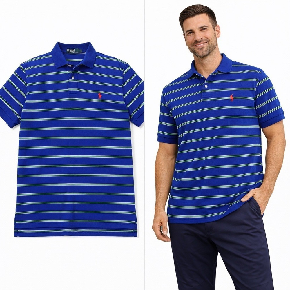 Polo Ralph Lauren Mens Large Blue Green Striped Short Sleeve Cotton Polo Shirt